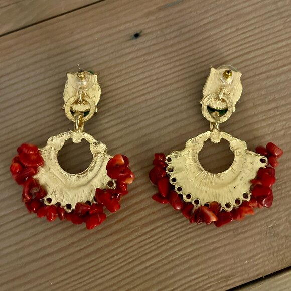 Red Coral Green Jeweled Gold Statement Earrings, ASO Pippa Middleton, NEW - Picture 5 of 5